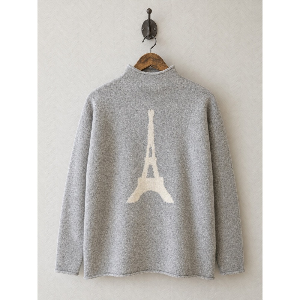 Cupcakes and Cashmere Eiffel Tower Mock Neck Grey Sweater Size Medium